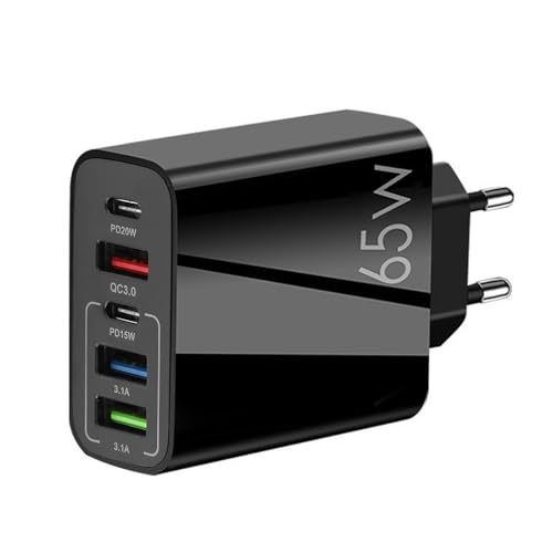 USB C Ladegerät Mehrfach 65W 5 Port Schnellladegerät PD 3.0, PD+3USB 5V 2,4A Ladegerät Mehrfach Kompatibel mit iPhone 15-11, iPad, Samsung Galaxy S24/S23/S22/S21, Xiaomi, Huawei, Schwarz