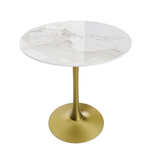 FATIVO Esstisch runder Küchentisch Marmor: Weiß Esszimmertisch Kleiner Skandinavisch Esstisch Ø76cm Rundtisch Luxus Hochglanz Tische für Esszimmer Restaurant Cafe Gold Metall Tischbeine 76×78.5CM