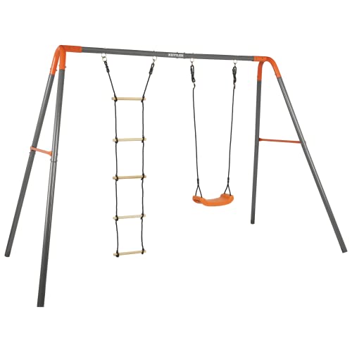 KETTLER Doppelschaukel Combi Outdoor | Schaukelgestell inklusive Schaukelsitz, Leiter, Bodenanker | 100kg belastbar | Stabiles und wetterfestes Metallgerüst I Kinder ab 3 Jahren (Grau)