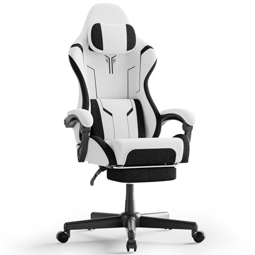 Gaming Stuhl mit Lendenkissen, Ergonomischer Bürostuhl Verstellbare Rückenlehne, Verdicktes Kissen, Robustes Gaming Sessel Ausziehbare Fußstütze, PC-Stuhl Linkage Armlehnen 360° Drehbar, Weiß