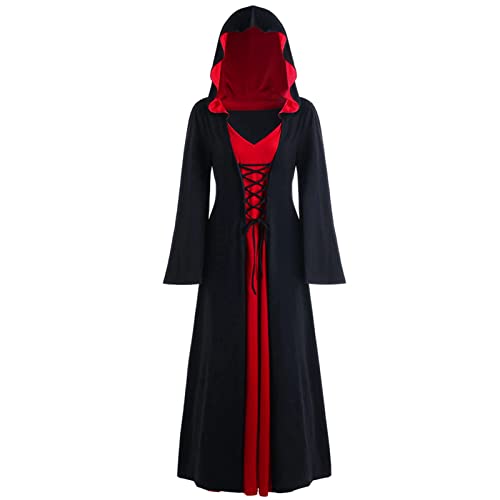 CNVAUIE Halloween Vintage Hexenkleid Frauen Renaissance Mittelalter Kostüm Kleid Halloween Vampir Hexe Kapuzenkostüm (Schwarz/Rot, XL)