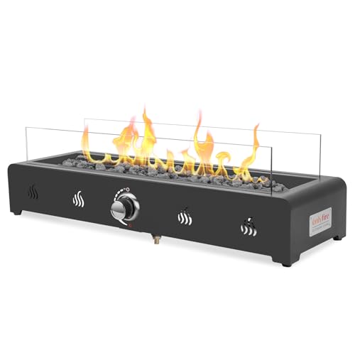 Onlyfire 72cm Tisch-Gas-Feuerstelle, 6.5 kW Propan Gas Terrassenfeuer Tischkamin mit Unterer Lufteinlass, Glaswindschutz & Lavastein, Rechteckig Tischfeuerstelle Outdoor für Terrasse Garten