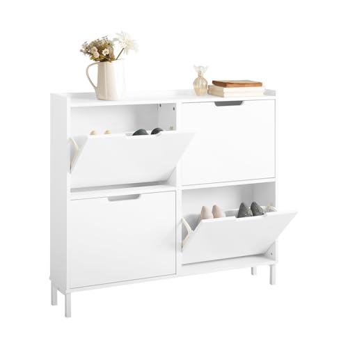 SoBuy Schuhschrank schmal mit 4 Klappen platzsparender Schuhkipper Hoch Kommode mit 8 Ablagen Schuhregal geschlossen Shoe Cabinet Flurschrank für Diele, Flur, Garderobe 100x91x19cm Weiß FSR100-W