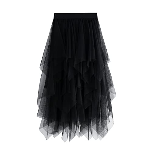 Damen Rock Tüll Unregelmäßig Unterrock Lagenrock Ballett Tutu Abschlussball Party Faltenkleid A-Linie Midirock High Waisted Rock (Schwarz, Einheitsgröße)