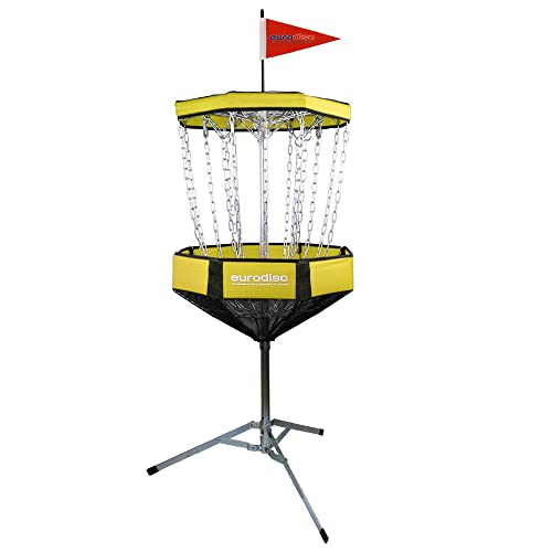 eurodisc Discgolf Korb CHAINWALKER Farbe: GELB Disc Golf Target | Höhe: 140cm | Tragbar, mobil, leicht und zum Zusammenfalten | Inkl. Tragetasche | Gratis: 1x Putter