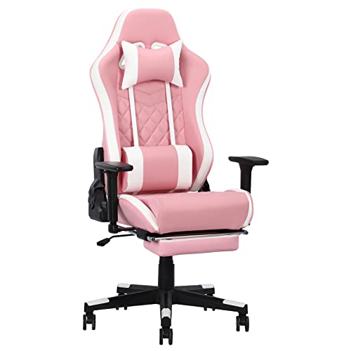 Fantasylab Gaming Stuhl mit Fußstützen 160 kg belastbarkeit Gaming Sessel mit Massagefunktion PC Stuhl mit Wippfunktion, Höhenverstellbar, Massage Lendenkissen, 3D verstellbare Armlehnen, 155°, Rosa