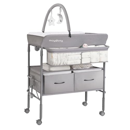 Maydolly Baby Klappbarer Wickeltisch, Mobiler Wickeltisch mit Rädern, höhenverstellbar, Baby Wickeltisch mit Ablagefach (Grau)