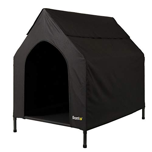 lionto Outdoor Hundeliege überdacht, 130x85x113 cm, wasserabweisendes, kratzfestes Oxford-Material & atmungsaktives Netzgewebe, erhöhtes Hundebett mit abnehmbaren Füßen, für Hunde bis 80 kg, schwarz