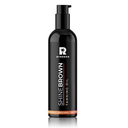 BYROKKO Shine Brown Premium Bräunungsbeschleuniger-Öl (150 ml), XXL Bräunungsbeschleuniger für Solarium & Außensonne, Bräune mit natürlichen Zutaten. Kokosnussöl, Walnussöl, Haselnussöl, Alle