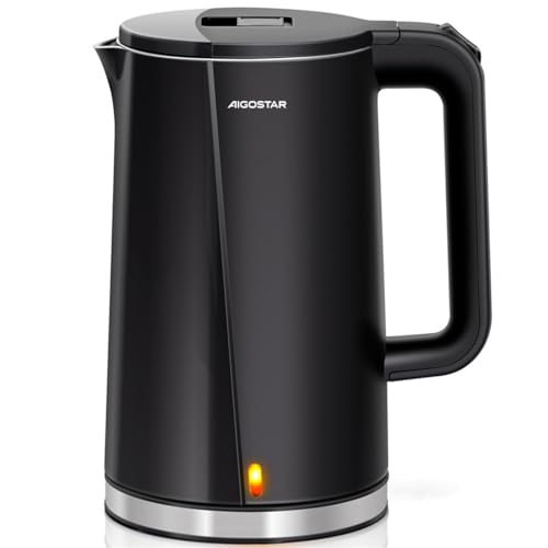 Aigostar Aubery - Wasserkocher Edelstahl 1,7 Liter, 2200W, Doppelwand Design Elektrischer Wasserkocher, 360°-Sockel, Abschaltautomatik, im modernen Design, BPA frei, Schwarz