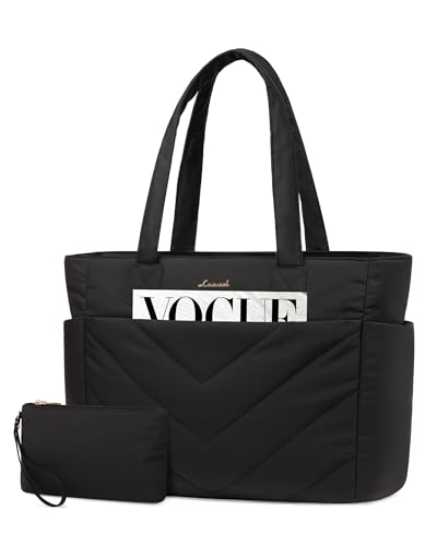 LOVEVOOK Laptoptasche Damen 15,6 Zoll, Shopper Tasche Handtasche Groß Arbeitstasche Puffer Bag, Lehrertasche Schultertasche Tote Handbags Women für Uni Business Schule, Schwarz
