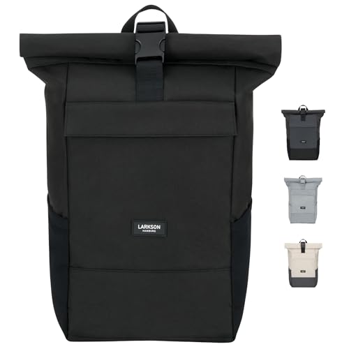 Larkson Rucksack Herren & Damen Schwarz - No 4 - Rolltop Backpack mit Laptopfach für Uni, Arbeit & Fahrrad - Großer Reiserucksack - Wasserabweisend