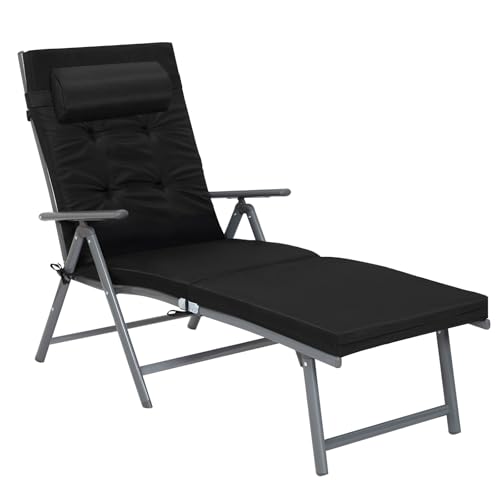 AMHANCIBLE Sonnenliege klappbar, aus rostfreiem Aluminium, Liegestuhl mit 6 cm Dicker Matratze, Gartenliege mit abnehmbares Kopfkissen, bis 150 kg belastbar, verstellbar, für Garten, Balkon EGLP01BK
