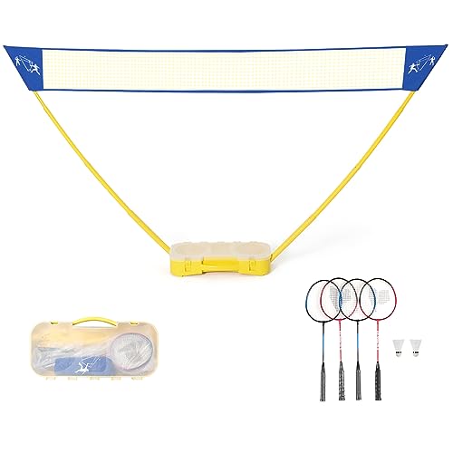 COSTWAY Badminton Set mit Netz, 300 x 150 cm Federballnetz tragbar für 4 Spieler, Tennisnetz mit 4 Schlägern, 2 Federbällen & Stand, Volleyballnetz Outdoor für Garten, Strand