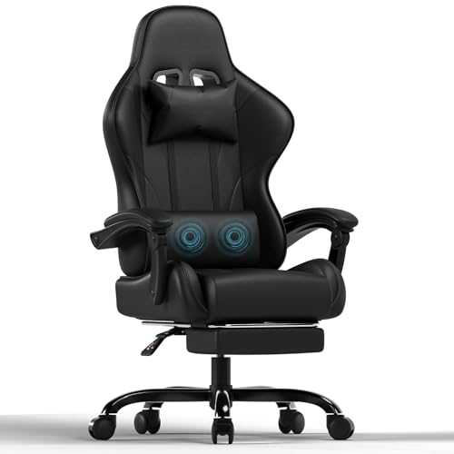 Devoko Massage Gaming Stuhl, Bürostuhl mit Fußstütze und Massage-Lendenkissen, Gamer Stuhl mit Kopfstütze, Ergonomisch Gaming PC Stuhl 150 kg Belastbarkeit, Schwarz