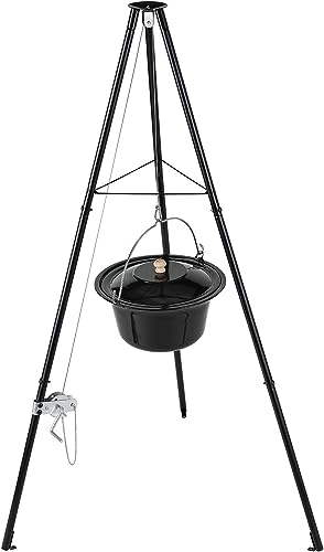 10L Gulaschkessel mit Dreibein, Original Ungarischer Gulaschkessel, Dreibein-Gestell mit Kettenhöhenverstellung, Kesselgulasch Topf Set,Gulaschtopf Emaille,Teleskop-Dreifuß mit Erdspießen für Picknick