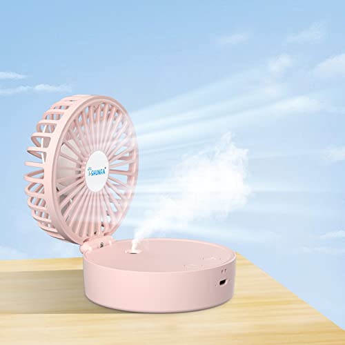 Handventilator,Tragbarer Mini Ventilator mit Kühlen Nebel und Aufladbarem Batterie,Faltbar Klein Taschenventilator,7 Farben Nachtlichter,USB Ventilator 3 Geschwindigkeiten für Frauen,Kinder(Rosa)