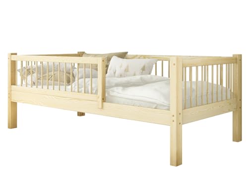BEDDY Kinderbett mit Rausfallschutz 70x140 – Montessori Kinder Bett mit Lattenrost Naturholz - Kinderbetten für Mädchen und Jungen - Holzbett aus Kiefer Massivholz