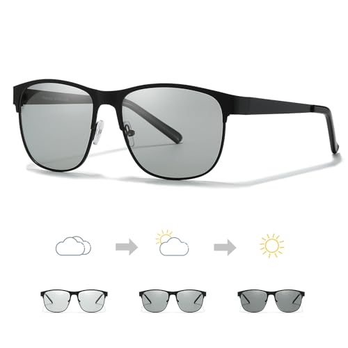 TJUTR Photochromische Sonnenbrille für Herrn Polarisiert, Metallrahmen, quadratische Gläser mit UV400 Schutz Ideal für Outdoor-Aktivitäten und Freizeit