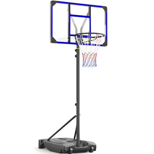 Yohood Basketballkorb Outdoor für Kinder/Jugendliche, Basketballkorb mit Rollen Tragbar, 147–260cm Höhenverstellbarer Basketballständer mit 82x53cm PC Rückwand & Vergrößerter Basis (Blau)