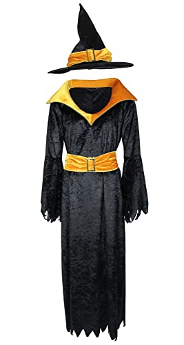 Foxxeo gold schwarzes Hexen Kostüm mit Hexenhut für Damen - Größe M-XXXXL - Fasching Karneval Halloween, Größe:S