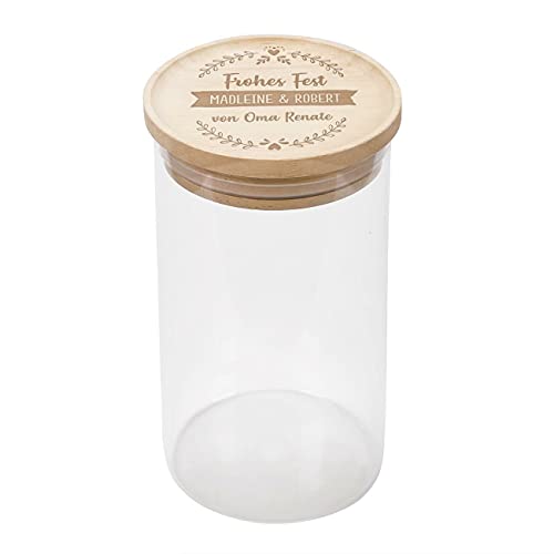Herz & Heim® Vorratsdose aus Glas mit graviertem Holzdeckel (3 Wunschzeilen, 10 cm x 22 cm (Ø/H))