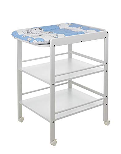 Geuther 4842 Wickelregal Clarissa Breite: 56 cm Wickeltisch 4 Feststellrollen mit Zwei Ablageflächen aus massivem Buchenholz schadstofffrei in 3 Weiß
