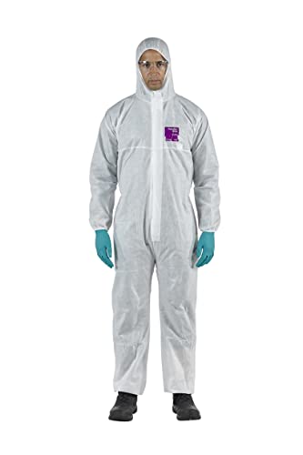 Ansell AlphaTec 1500 Model 138, Einweg-Schutzanzug mit Kapuze, Chemikalienschutz Type 5/6, Wasserabweisend Arbeits-Overall, Einmal-Schutzkleidung Herren Damen, Weiß, Größe L (1 Stück)