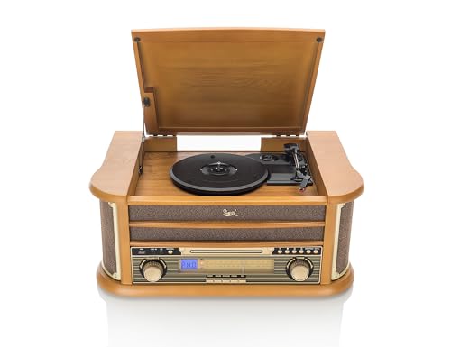 Dual NR 4 Nostalgie Musikanlage mit Plattenspieler (UKW-Tuner, MW-Radio, CD-RW, MP3, USB, Kassette, Aux-In) braun