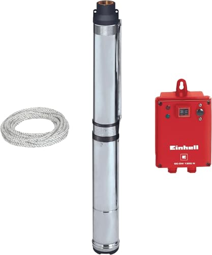 Einhell Tiefbrunnenpumpe GC-DW 1300 N (1300 W, 5.000 l/h max. Fördermenge, 20m max. Eintaucht., Edelstahlgehäuse, Edelstahlsieb, inkl. 22m Ablassseil), silber