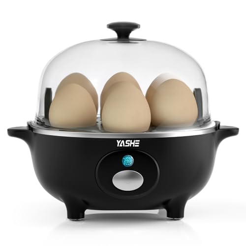 YASHE Eierkocher, 360W Kompakter Egg Cooker Multifunktional, 7 Eier leicht zu Pellen, Weich, Mittel, Hart Gekocht, Eierbecher, Omelett-maker, Dampfgarer, Signalton, Kontrollleuchte, BPA-frei