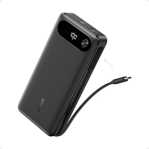 Anker Powerbank, 20.000mAh tragbares Ladegerät mit integriertem USB-C-Kabel, 87W Max Schnelllade-Akku, 2 USB-C und 1 USB-A, für MacBook, iPhone 16/15/14 Serie, Samsung, Switch, und mehr