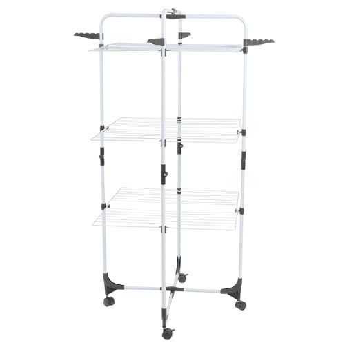 Allyson Wäscheständer Turm – Höhenverstellbarer, Faltbarer Wäscheständer mit Mehreren Ebenen und Rädern für stabiles und platzsparendes Wäschetrocknen – Wäscheständer ausziehbar – 65cm x 71cm x 136cm