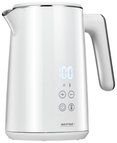 MPM MCZ-120 Wasserkocher 1,5L mit Doppelwand-Design, Temperaturregelung 40-100°C, Edelstahl-Innenbehälter, 2200W, Geräuscharm, Weiß
