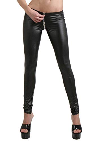 MISS NOIR Wetlook Sexy Leggings mit 4-Wege-Reißverschluss Damen Clubwear (Schwarz, L/XL)