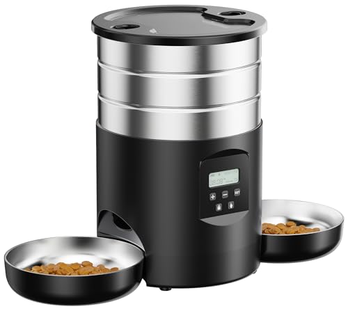 Futterautomat Katze 2 Näpfe Katzenfutter Automat: Edelstahl Futterspender Katze Programmierbarem Timer - 5L Hund Futterautomaten - Trockenfutterspender Zwei Stromquellen - für Klein/Mittlere Haustiere