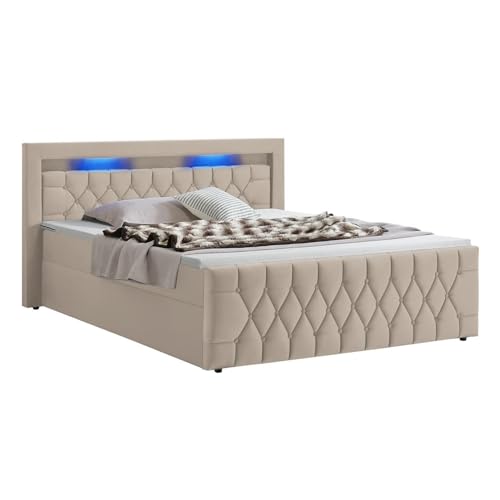 Juskys Boxspringbett Leona 180x200 cm - Bett mit LED Beleuchtung, Topper & H4 Federkern Matratzen - Doppelbett mit Samt und Steppung - Beige