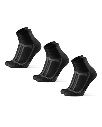 DANISH ENDURANCE Quarter Laufsocken, 3 Paar Knöchelhohe Sportsocken, Leichte Kompression, Atmungsaktiv & Gepolstert, Schweißableitend, Unisex, für Damen & Herren, Schwarz/Grau, 39-42