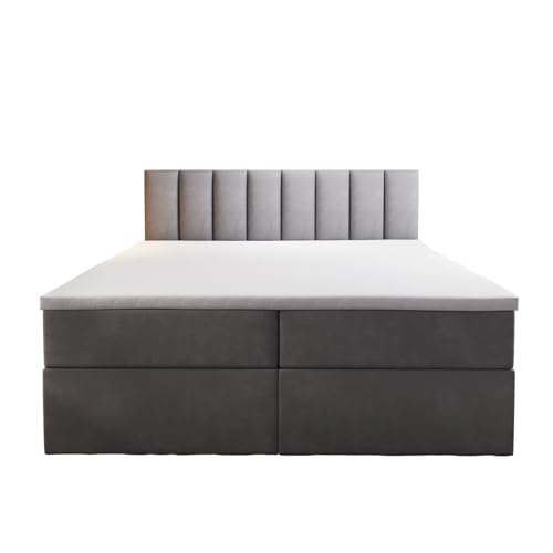 Palermo Boxspringbett mit Bettkästen H3 Matratze mit Topper (Grau, 140 x 200 cm)