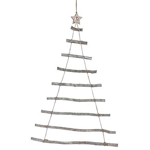 Wand Deko Weihnachtsbaum - 90 cm - aus 9 Holz Ästen und Jute Kordel - mit Stern Spitze Hängedeko Wanddeko Tannenbaum Christbaum