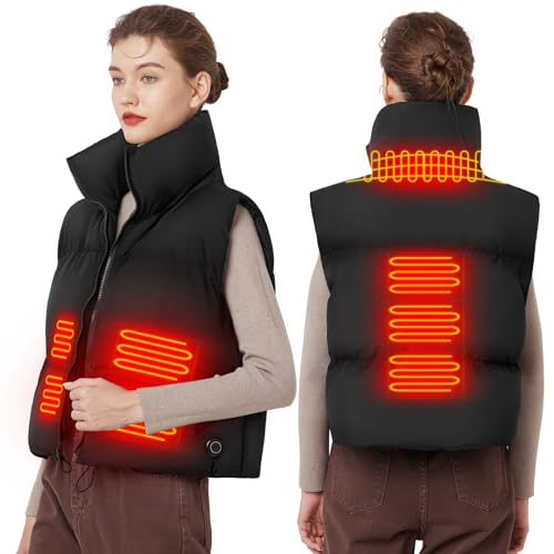 Heizweste Damen Puffer Weste mit 10000mAh Akku, Beheizbare Weste Elektrisch Winterjacke Kurzweste Heizjacke mit 4-Zonen Heizung, Beheizte Wärmeweste Ärmellose für Wander & Outdoor-Westen für Frauen