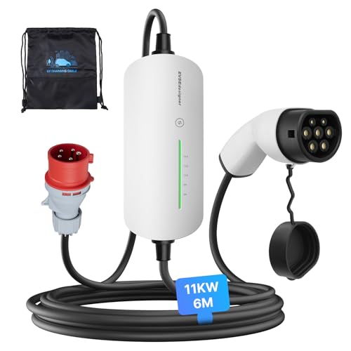 EVSEdesigner Mobile Wallbox Ladekabel Typ 2 6-16A 11kW Ladekabel CEE EV Ladegerät mit Tragetasche für alle Elektrofahrzeuge und Plug-in-Hybridfahrzeuge 6 Meter 3-Phasig