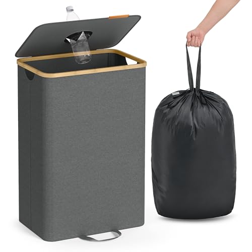 SONGMICS Pfandflaschen-Sammelbehälter, 95 L Pfandflaschen-Behälter, Flaschensammler Leergut, Recycling-Behälter, mit Loch, Deckel, Innensack mit Griffen, Küche, schiefergrau-naturbeige RRB509G01