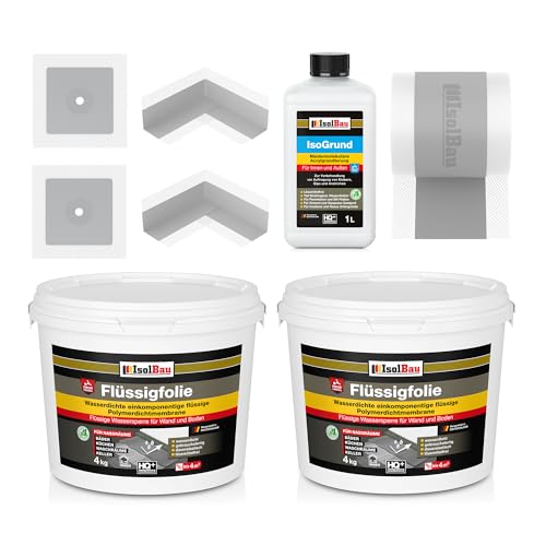 Isolbau Dicht-Set - Inkl. 1x Flüssigfolie (8 kg), 1x Grundierlösung (1 L), 1x Dichtband (5 m), 2x Innenecken & 2x Manschetten