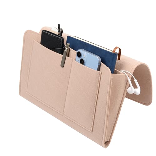 KICPUK Bett Tasche,Filz Nachttisch Lagerung Tasche,Sofa hängende Lagerung,Rutschfeste Lagerung Tasche,Sofa Lagerung Tasche für Bücher,Brillen,Zeitschriften,Tablet,Handy,Fernbedienungen (Khaki)