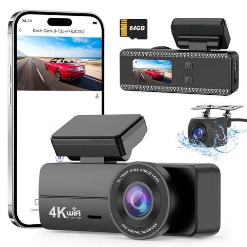 SIGRILL Dashcam Auto 4K+1080P Dashcam Auto Vorne Hinten, WiFi Dashcam APP Steuerung, kostenlose 64-GB-Karte, Ultra Nachtsicht Dash Cam, 24H Parkmodus, G-Sensor, Loop-Aufnahme, Max 256GB