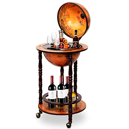 GIANTEX Globusbar mit 3 Rollen, Barwagen Weltkugel Cocktailbar mit Bodenplatte, Hausbar Minibar Tischbar Dekobar, Eukalyptusholz (braun)