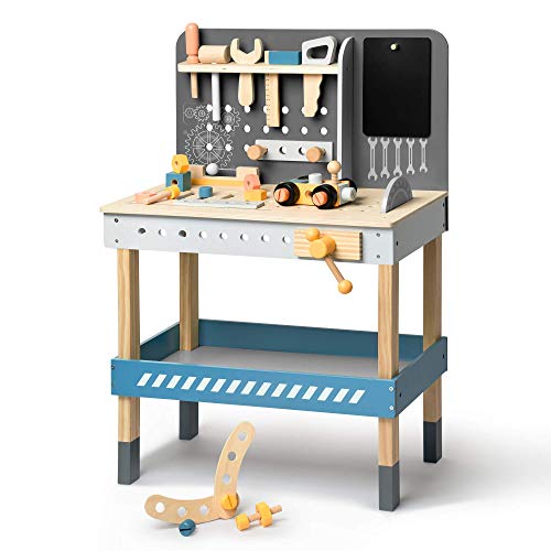 ROBUD Kinder Werkbank aus Holz mit Werkzeug und Zubehör,Spielzeug-Werkzeugset, Geschenk für Kinder ab 3, 4, 5, 6 Jahren und älter