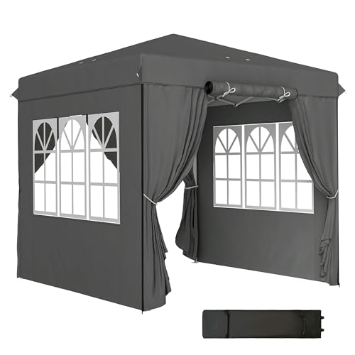 Outsunny Pavillon 2,5x2,5m, wasserabweisend Stabil Winterfest Pop-up Faltpavillon, UV Schutz 50+, Faltbar Partyzelt Gartenzelt mit 4 Seitenteilen Tasche Gartenpavillon für Camping Garten, Dunkelgrau