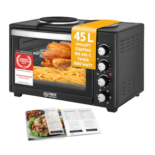 TZS First Austria Minibackofen 45L I Umluft I Premium-X Coating (Antihaftbeschichtung) I Auftauen&Warmhalten I Rezeptheft I Backofen Pizzaofen Grill